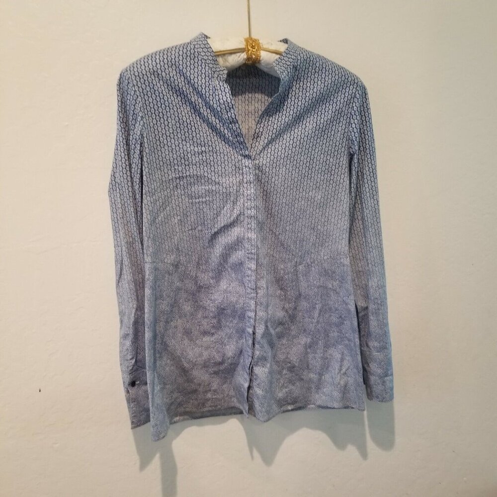 Robert Talbott Womens Long Sleeve Blouse Size 8 Lightweight Geo Blue Stretch